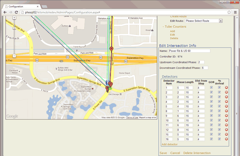 Figure 30. A screen shot of the detector configuration interface with a map of Superstition Freeway, South Power Road, and East Superstition Springs Boulevard and a place to edit the intersection information. The intersection information can be edited by name, upstream coordinated phase, downstream coordinated phase, and the detectors. The detectors can be edited by detector number, phase, length, distance from stop, and then Green-Occupancy Ratio and percent arrival can be selected.