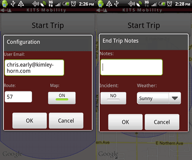 Figure 31. A screen shot of two Android smartphone application screens. One shows configuration, with the users email, the route, and an option for the map to be on or off. The second shows end trip notes, with notes, an option for incident to be on or off, and a drop down menu for the weather.