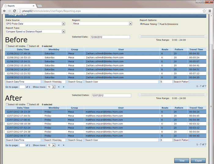 Figure 34. Is a screen shot showing the selection dialog for before and after comparison. The data displayed shows the date/time, day, group, user name, route, pattern and the travel time in 15-minute increments.