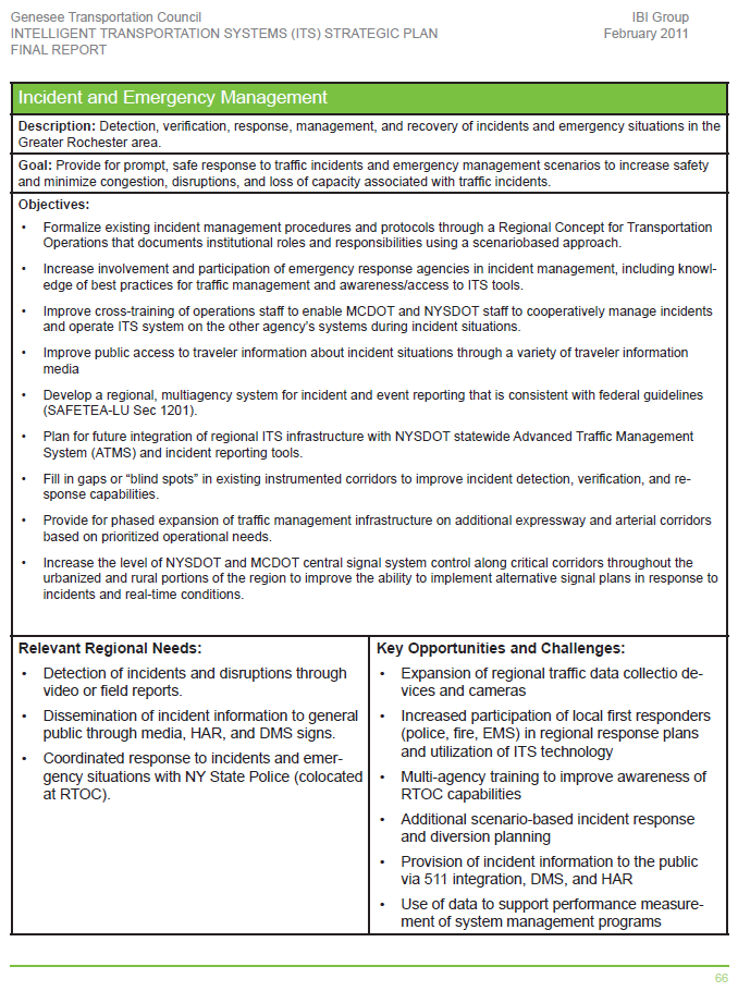 Screenshot of a table from the GTC ITS Strategic plan outlining a description, goal, objectives, relevant regional needs, and key opportunities and challenges associated with incident and emergency management.