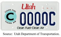 A graphic shows the design of the vehicle license plate in Utah for alternative fueled vehicles. Source: Utah Department of Transportation.