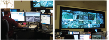 Figure 14. The Las Vegas Freeway and Arterial System for Transportation (FAST) provides regional support for work zone activities. Two photographs are provided showing the monitoring system in use. One photograph shows an individual with several monitors at a work station, and the other photograph shows work stations in the foreground and a view of a large wall-mounted monitor with several active screens. Source: FHWA