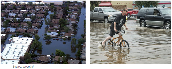 Two side-by-side photos, the first an aerial photo of a flooded neighborhood, the second of a teenage boy trying to ride his bicycle through flood waters that reach halfway up his tires. Source: azcentral