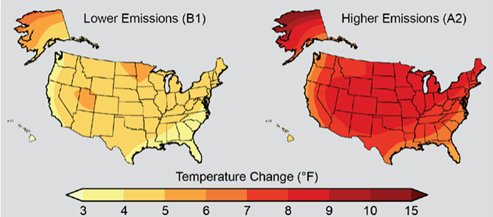 Two heat maps of the United States depicting temperature change in Farenheit under lower and higher emissions scenarios.