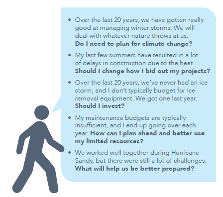 Examples of frequent questions from TSMO and Maintenance program managers: Over the last 20 years, we have gotten really good at managing winter storms. We will deal with whatever nature throws as us. Do I need to plan for climate change? My last few summers have resulted in a lot of delays in construction due to the heat. Should I change how I bid out my projects? Over the last 20 years, we’ve never had an ice storm, and I don’t typically budget for ice removal equipment. We got one last year. Should I invest? My maintenance budgets are typically insufficient, and I end up going over each year. How can I plan ahead and better use my limited resources? We worked well together during Hurricane Sandy, but there were still a lot of challenges. What will help us be better prepared?