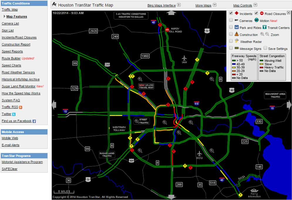 Figure 1 is a traffic map of the Houston area wich shows traffic conditions, including information on congestion, incidents, road closures, construction, and locations of park and rides and transit centers.