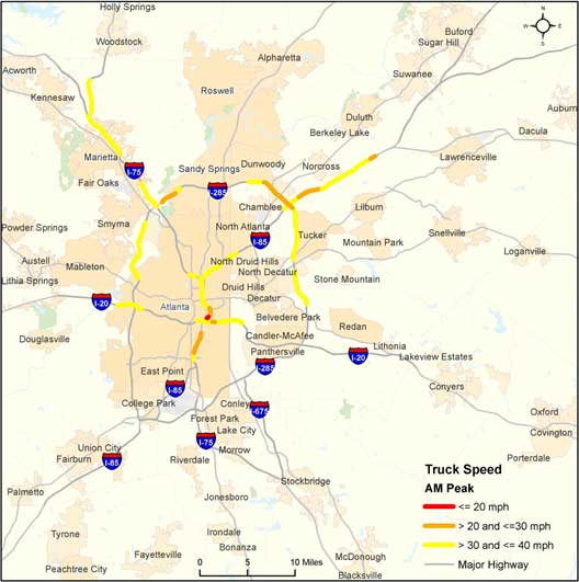 Figure 36. is a map of the Atlanta area showing the AM peak truck speeds on major highways. Speeds of less than 20 miles per hour, 20 to less than 30 miles per hour, and 30 to less than or equal to 40 miles per hour are shown. The majority of speeds are 30 to less than or equal to 40 miles per hour.