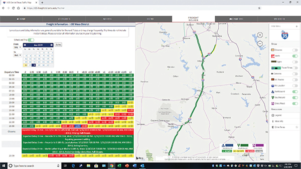 Figure 13. Screenshot of a map of I-35 with a table of traffic patterns by time and segments.