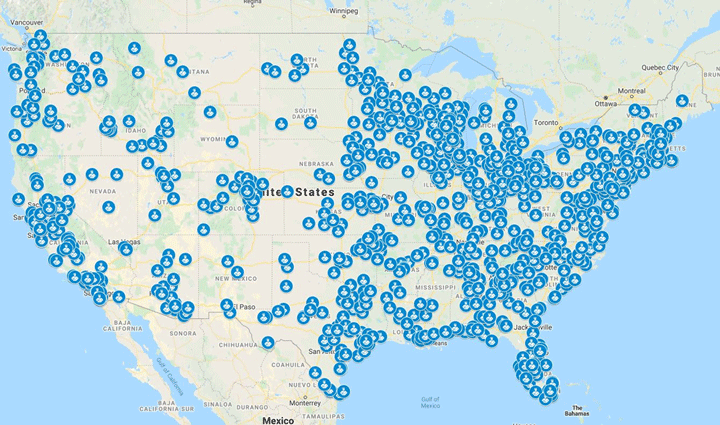A map of the contiguous U.S. showing the locations of police agencies using unmanned aircraft systems. There are 1,098 locations and the majority of the agencies are located on the eastern half of the country and along the west coast.