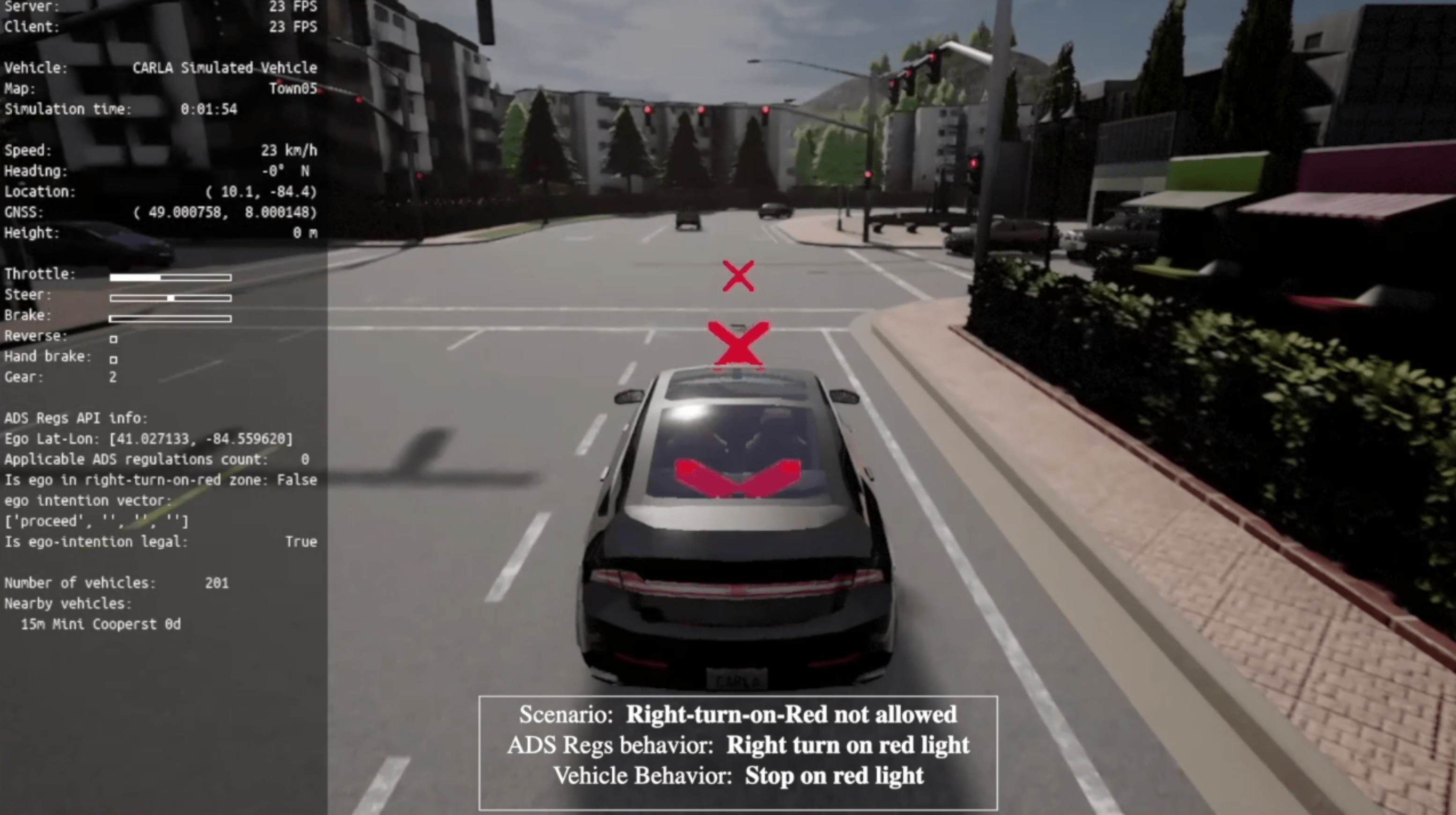 Simulated illustration of a vehicle approaching a red light. A panel at left illustrates information about the simulation.