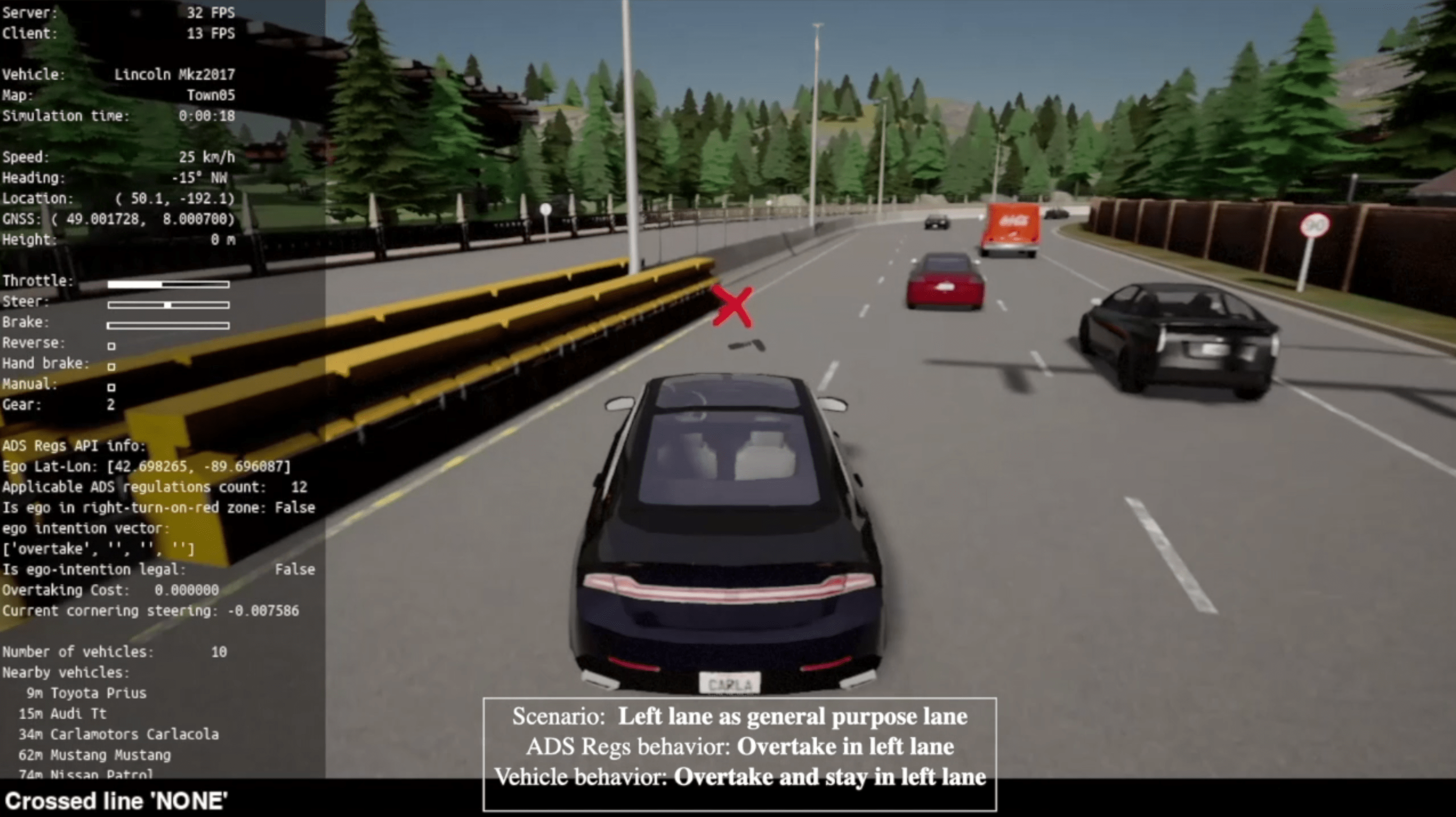 Simulated vehicle crossing from the center travel lane into the left lane on a three-lane roadway. A single X is overlaid on the left lane in front of the vehicle's trajectory. A panel at left illustrates information about the simulation.