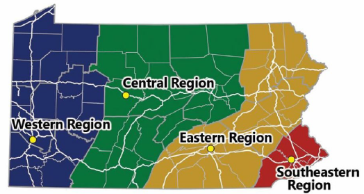 Map depicts the Pennsylvania Department of Transportation's four operating regions. From west to east, these are the Western, Central, Eastern, and Southeastern Regions.