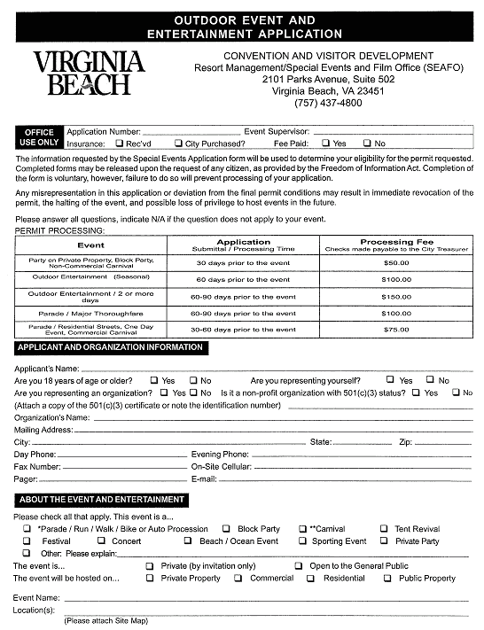 sample Virginia Beach outdoor event and entertainment application, page 1
