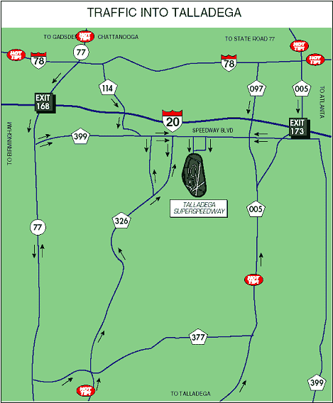 map showing traffic into the Talladega (AL) Superspeedway. Several roads are indicated with a hot tip icon, indicating that the route is not usually congested during event ingress