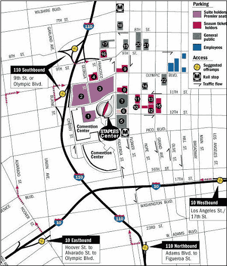 map showing parking lots, access points, rail stops, and traffic flow direction to the Staples Center in Los Angeles, CA