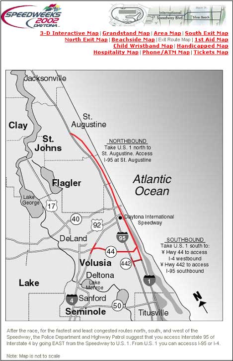 screen shot of web page for Speedweeks 2002 Daytona, with a map showing exit routes for the NASCAR Daytona 500