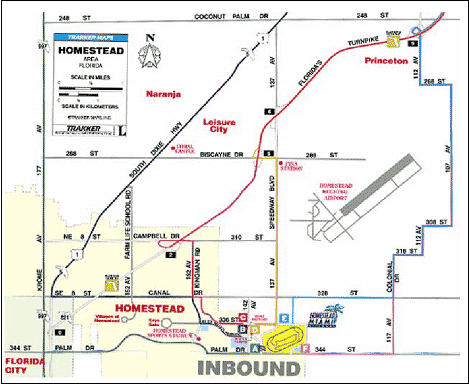 map indicating inbound traffic for the Homestead Miami (FL) Speedway