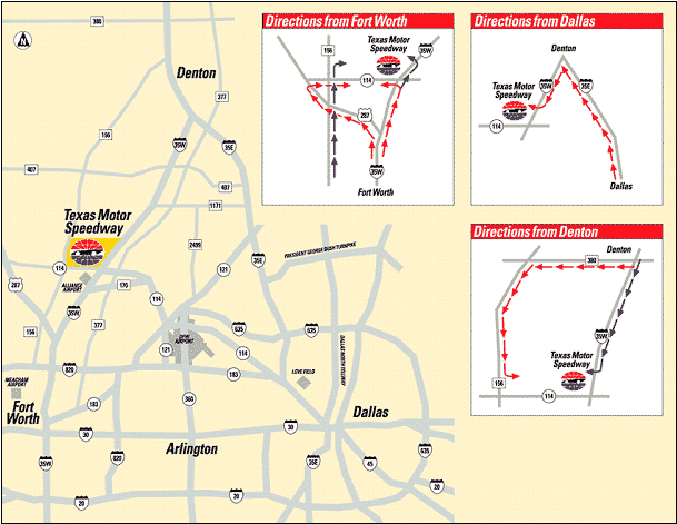 three maps indicating directions to the Texas Motor Speedway from Fort Worth, Dallas, and Denton