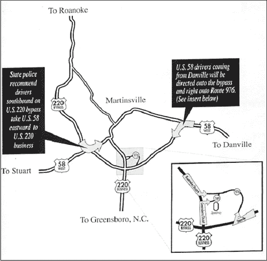 map indicating directions to the Martinsville (VA) Speedway