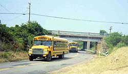 photo showing two buses traversing a local road