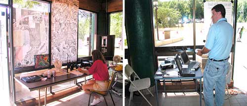 two photos showing event command posts in window offices next to full parking lots. One photo shows a woman sitting at a table in front of two large wall maps, and the other shows a man using a telephone and standing at a table with two laptop computers