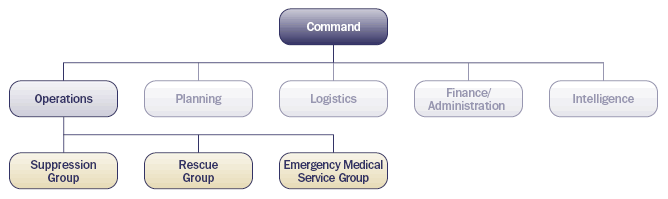 Exhibit 2-7: Use of Functional Groups (Example). The basic functional structure is illustrated, and Suppression Group, Rescue Group, and Emergency Medical Service Group are shown on a level equal to each other, below Operations.