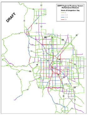 Map showing levels of congestion by color on Denver regional roadways.