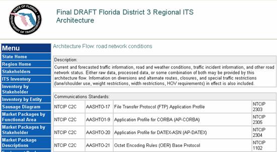 An excerpt from the FDOT District 3 regional ITS architecture web page that shows a portion of the standards information for the 'road network conditions' information flow.