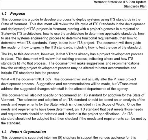 A brief excerpt of the Standards Plan that the state of Vermont included as one of the components of its Statewide ITS Plan. 