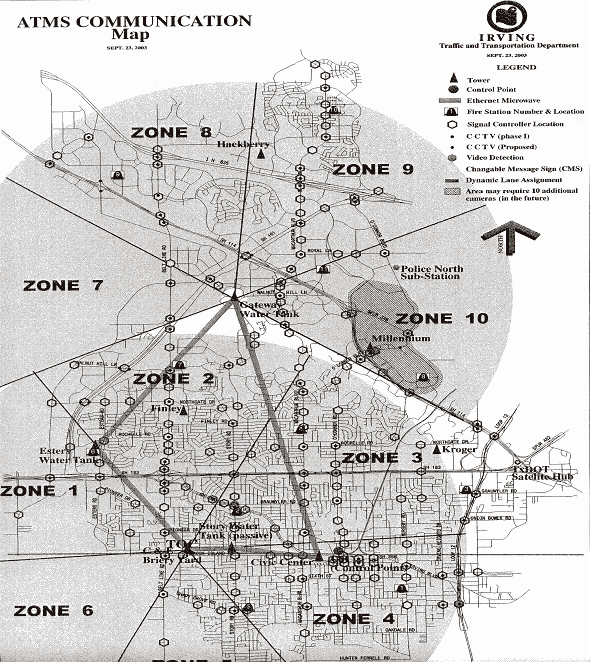 ATMS communication map showing coverage of the Irving, Texas, wireless system by zones for each of the base station radios. Ten zones are shown with the following items labeled: towers, control points, ethernet microwaves, fire stations, controllers, CCTV, video cameras, changeable message signs, dynamic lane assignments, and areas that may require 10 additional cameras in the future.