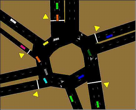 This figure shows a sample roundabout modeled in CORSIM. The TRAFVU drawing shows short links connecting many approach links.  Yield signs are shown on the approaches.  Lanes are channelized to allow vehicle movement through the roundabout.