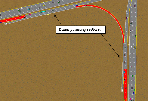 This figure shows a TRAFVU drawing of connecting ramp links to mainline links.  Separate ramp links with dummy mainline freeway sections are created.  Create small freeway segments that have dummy entry nodes with no volume.  This allows ramp segments to merge and diverge from the dummy freeway segment.  The figure shows the dummy freeway sections that connect the ramp links highlighted in red (or darker link). 