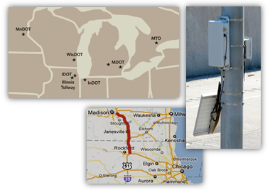 Maps depicting the states participating in multi-state corridor operations and a pole with communications equipment mounted on it.