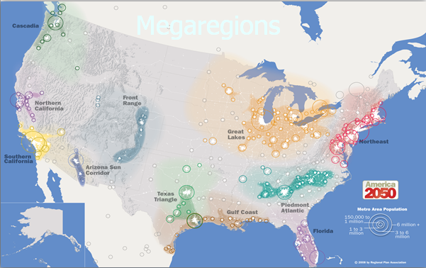 Heat map of the United States showing projected metro area population projections for 2050.