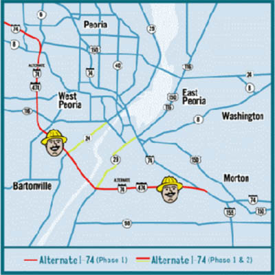 Map showing alternate routes during the Upgrade I-74 project in Peoria, Illinois