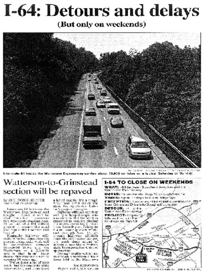 A newspaper article on weekend closure of I-64 in Kentucky