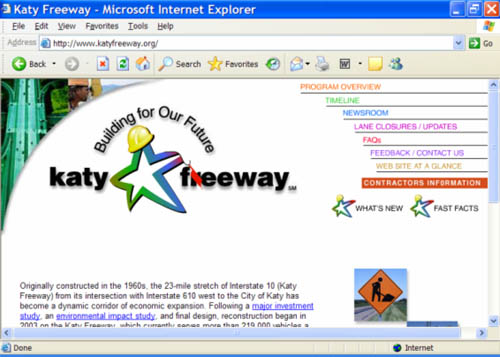 Screenshot of the Katy Freeway web site home page