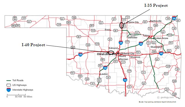 Map of the state of Oklahoma's roadway system. Project locations on Interstates 35 and 40 are labeled.