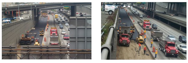 Two side-by side photos of the narrow constuction area on I-5 below an overpass, one with traffic congestion and the other with free flowing traffic conditions.