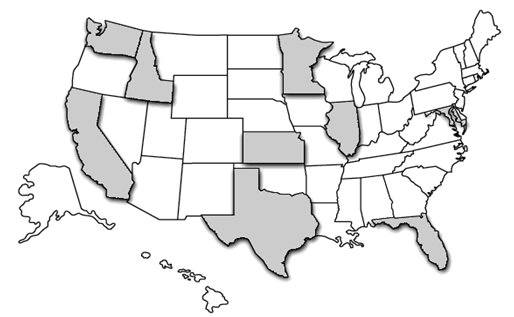 Map of the United States with the States of Washington, Idaho, California, Texas, Nebraska, Minnesota, Indiana, Maryland, and Florida highlighted.