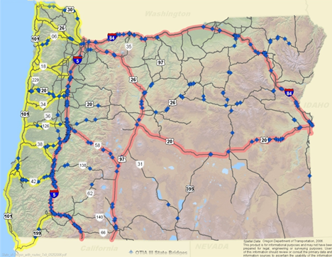 Image shows Washington state map. The map highlights the corridors and bridge locations for the OTIA III Statewide Bridge Program.