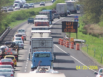 Image shows heavy traffic at a work zone lane closure.