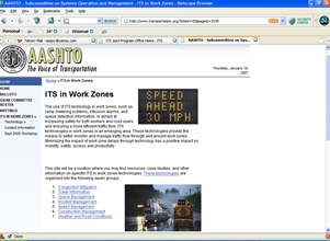 Image shows the AASHTO ITS in Work Zones website.