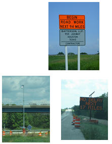 Collage shows a notice that the driver is entering a work zone, a pole mounted traffic camera, and a dynamic message sign displaying 'no delay next 17 miles'