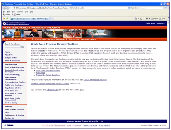 Screenshot of the FHWA Office of Safety's Process Review Toolbox web page.