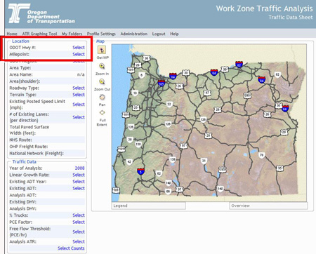 Screenshot of the Work Zone Traffic Analysis tool showing an Oregon highway map, location information, and traffic data and highlighting the highway and milepoint section