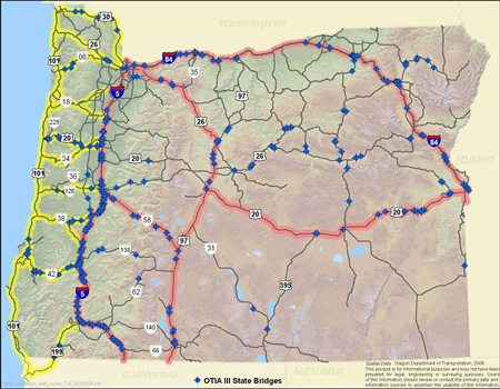 Oregon highway map showing bridge locations on I-5, I-84, US 101, US 97, US 30, US 26, 229, US 20, US 199, and Routes 6, 18, 34, 36, 126, 38, 42, 35, 58, 138, 62, 140, 66, 26, 31, and 395