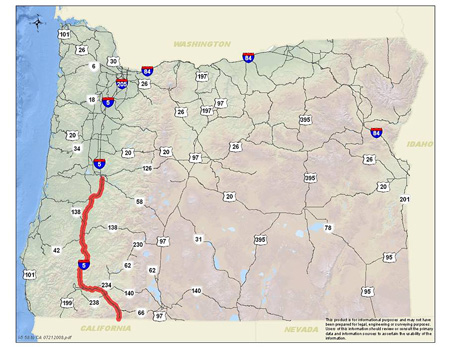 Oregon highway map showing interstates, U.S. highways, and state routes and highlighting I-5 from Eugene south to Califiornia border