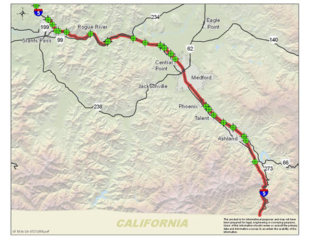 Portion of Oregon highway map highlighting section of I-5 between Grants Pass and California border