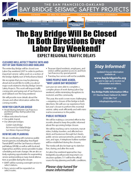 Page 1 of fact sheet with the headline "The Bay Bridge Will Be Closed In Both Directions Over Labor Day Weekend! Expect Regional Traffic Delays"
